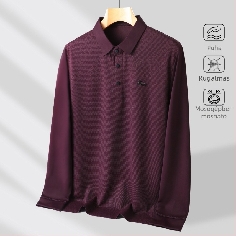 Férfi hosszú ujjú poloing gallérral reverral, vékony anyag, poliészter-elasztán keverék