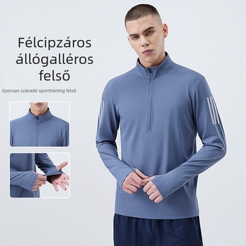 Férfi fitnesz pulóver, magas nyúlású, gyorsan száradó, hosszú ujjú, gallér fél cipzárral, 82% poliészter, 18% spandex