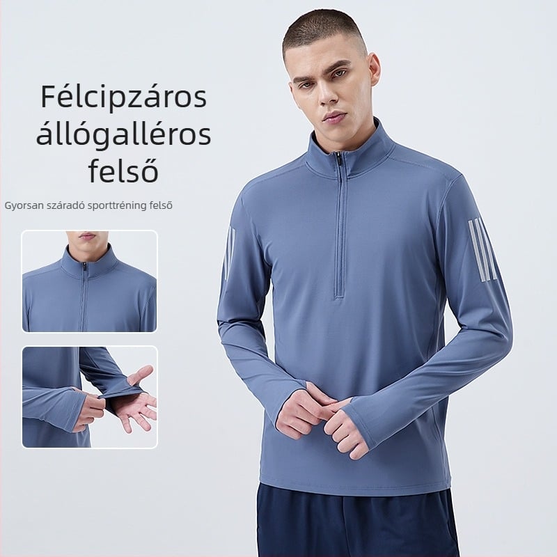 Férfi fitnesz pulóver, magas nyúlású, gyorsan száradó, hosszú ujjú, gallér fél cipzárral, 82% poliészter, 18% spandex