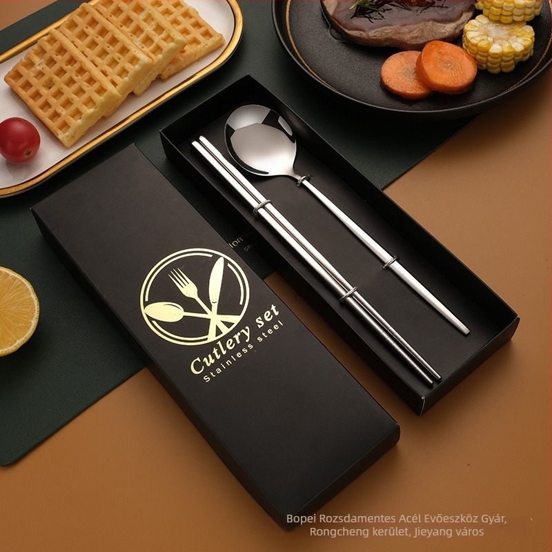 Rozsdamentes acél étkészlet – kés, villa, kanál és evőpálcika, 410 rozsdamentes acél, tükörfényű polírozás, ajándékcsomagolás, testreszabható