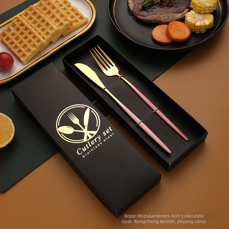Rozsdamentes acél étkészlet – kés, villa, kanál és evőpálcika, 410 rozsdamentes acél, tükörfényű polírozás, ajándékcsomagolás, testreszabható