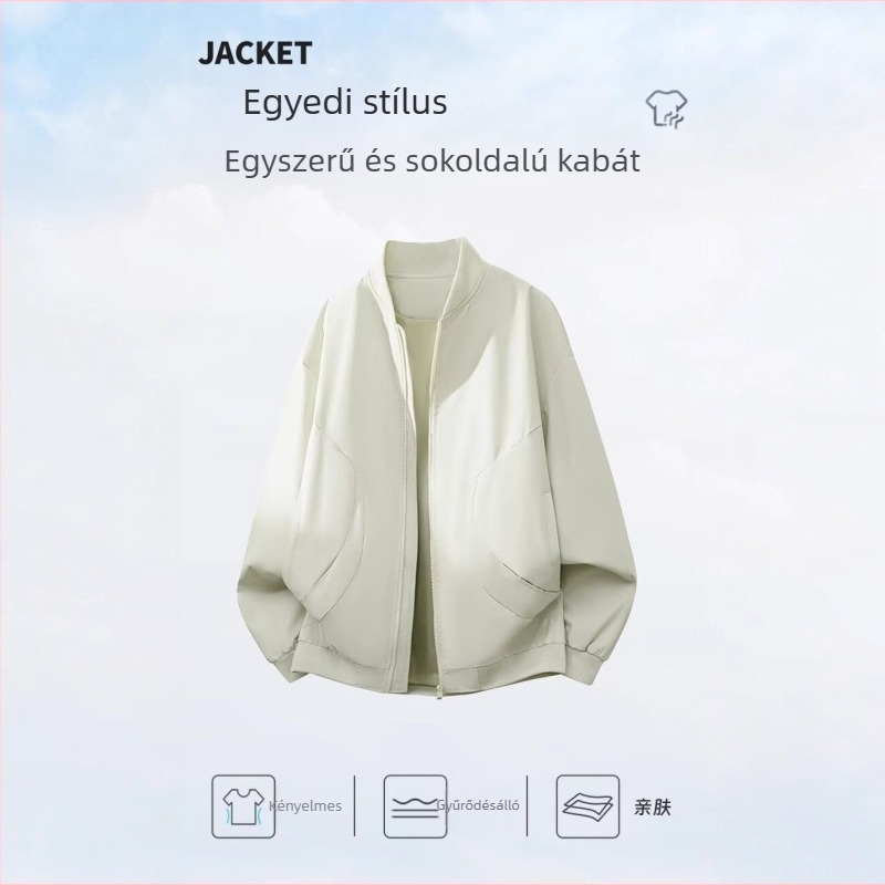 Tavaszi-őszi bomber dzseki álló gallérral, zipzár, vékony, 100% poliészter, patch zsebek