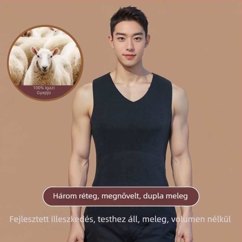 Férfi gyapjú termos mellény fleece béléssel, kapucnival, háromrétegű felépítés, egyszínű, 95–100% gyapjú, viselhető külsőként vagy alaprétegként