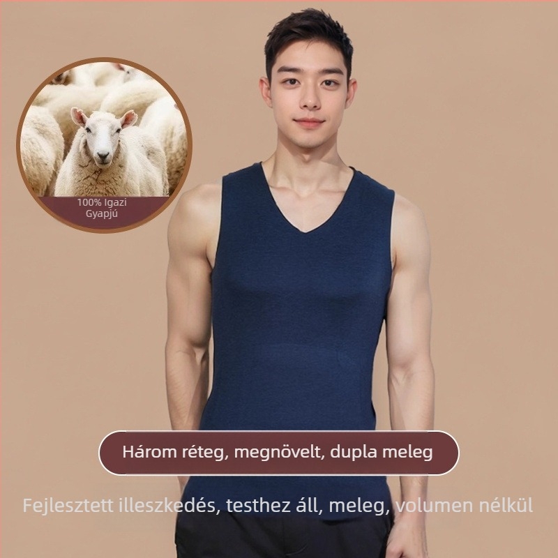Férfi gyapjú termos mellény fleece béléssel, kapucnival, háromrétegű felépítés, egyszínű, 95–100% gyapjú, viselhető külsőként vagy alaprétegként