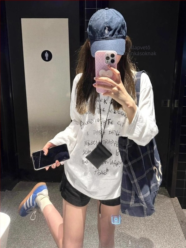 Női pamut hosszú ujjú T‑shirt, laza szabás, kerek nyak, geometriai minta, közép hosszúságú