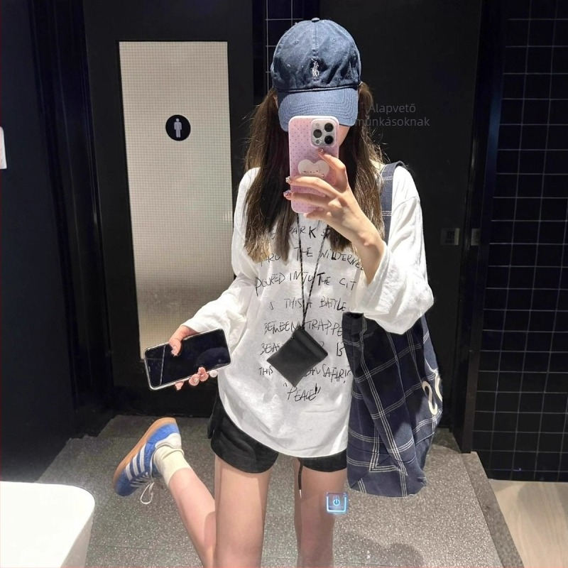 Női pamut hosszú ujjú T‑shirt, laza szabás, kerek nyak, geometriai minta, közép hosszúságú