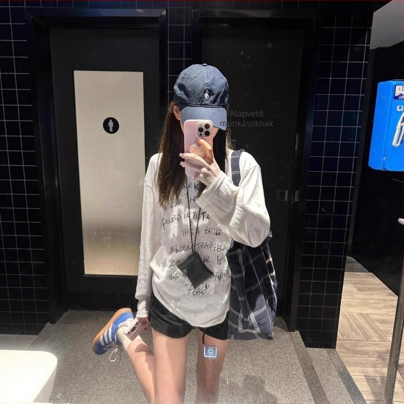 Női pamut hosszú ujjú T‑shirt, laza szabás, kerek nyak, geometriai minta, közép hosszúságú