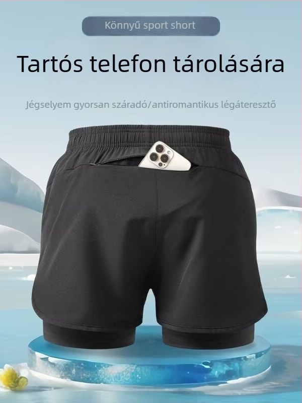 Férfi gyorsan száradó úszónadrág dupla béléssel; öt hüvelykes hosszúságú; poliészter anyag; sportos stílus; egyenes szabás.