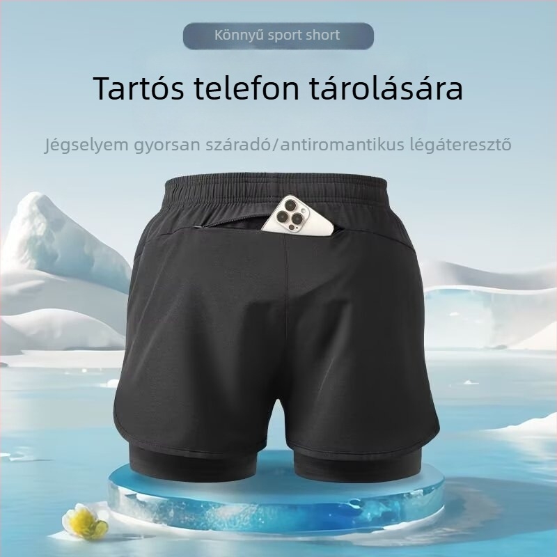 Férfi gyorsan száradó úszónadrág dupla béléssel; öt hüvelykes hosszúságú; poliészter anyag; sportos stílus; egyenes szabás.