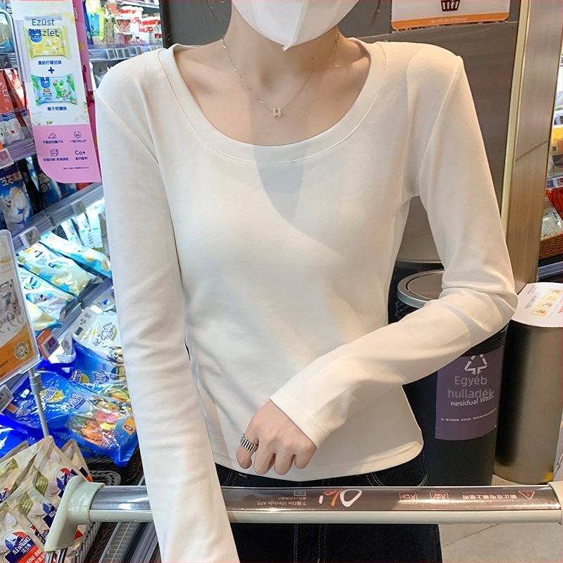Női hosszú ujjú T‑shirt, U-nyak, karcsú szabás, 90–95% pamut és legfeljebb 30% spandex