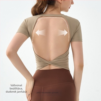 Női jóga felső hátul nyitott és mellkas párnázással – karcsúsított szabás, környak, lélegző anyag, 80% nylon, 20% spandex, rövid ujjú