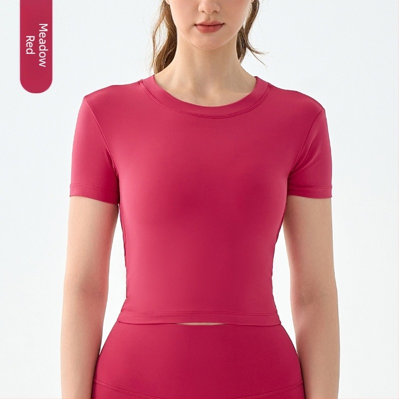 Női jóga felső hátul nyitott és mellkas párnázással – karcsúsított szabás, környak, lélegző anyag, 80% nylon, 20% spandex, rövid ujjú