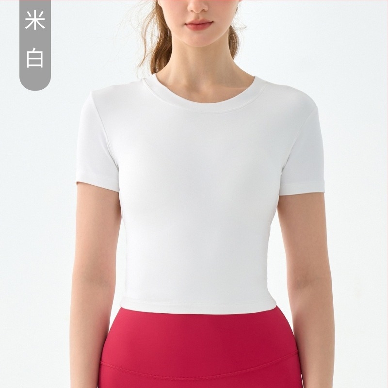 Női jóga felső hátul nyitott és mellkas párnázással – karcsúsított szabás, környak, lélegző anyag, 80% nylon, 20% spandex, rövid ujjú