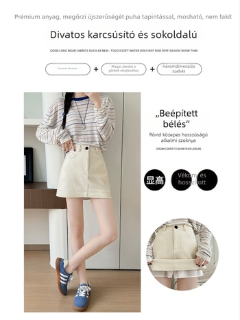 Női corduroy szoknya, karcsú szabású A-vonal, rövid fazon, őszi 2025