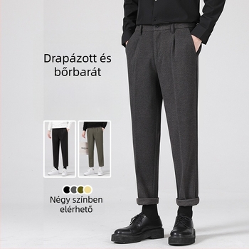 Férfi gyapjúból készült egyenes szabású nadrág, rövidített hossz, középmagas derekú, vastag anyag