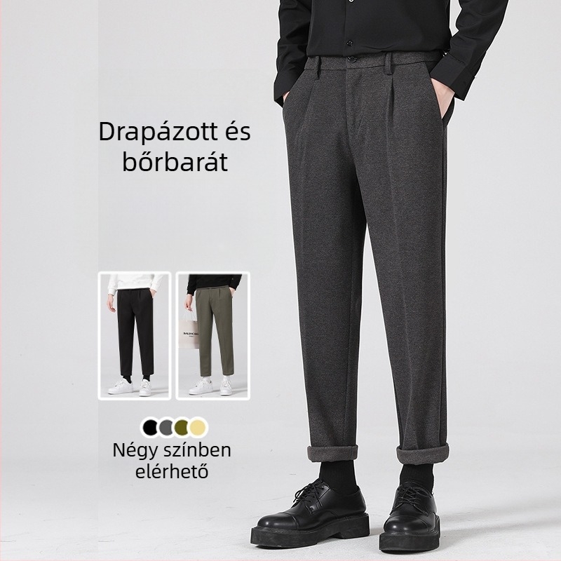 Férfi gyapjúból készült egyenes szabású nadrág, rövidített hossz, középmagas derekú, vastag anyag