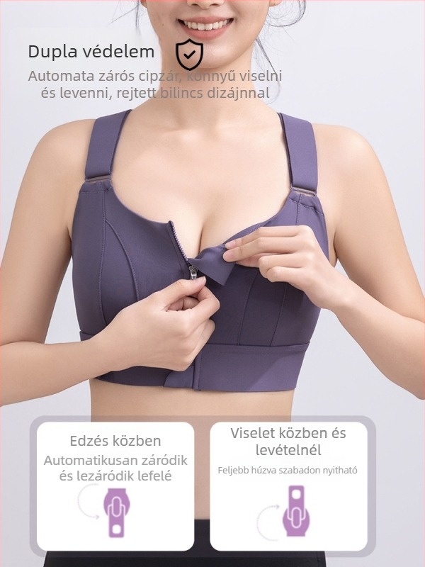 Női sportmelltartó Velcro elöl cipzárral, hátul nyitott, mellény-stílus, állítható, nagy terhelésre tervezett, anyag poliészter + spandex (78%/22%), szorosan illeszkedő fazon