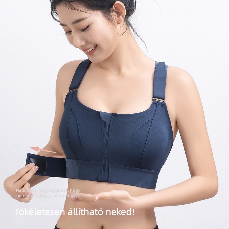 Női sportmelltartó Velcro elöl cipzárral, hátul nyitott, mellény-stílus, állítható, nagy terhelésre tervezett, anyag poliészter + spandex (78%/22%), szorosan illeszkedő fazon