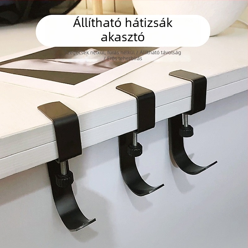 Íróasztal szélére szerelhető vas fogas, egyhorogos, könnyű luxus stílus, teherbírás 30 kg felett