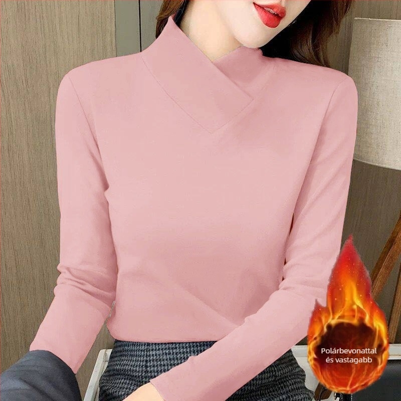 Női V-nyakú fleeces bélésű, karcsú szabású, hosszú ujjú, Spandex-keverék