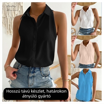 Női szatén ujjatlan ing – szabályos hossz, ingnyak, egyszínű, 95%+ szatén poliészter, Nyár 2025