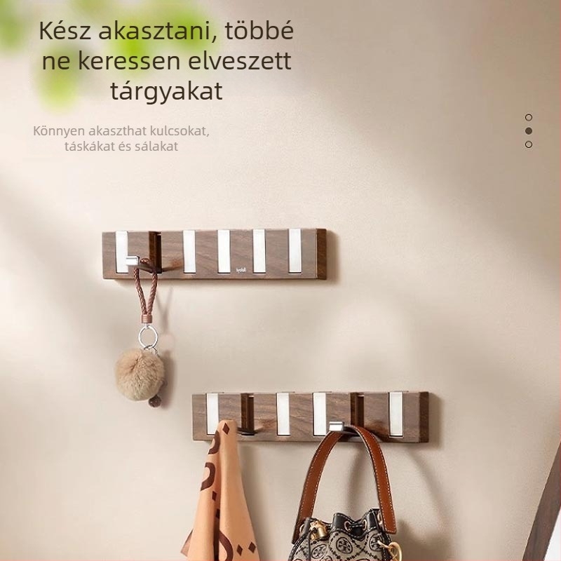 Ragasztós falikampó készlet, négy vagy több kampóval, műanyagból, teherbírás 1–3 kg, diófa textúra és pianó‑rögzítő stílusú dizájn, modern minimalista stílus