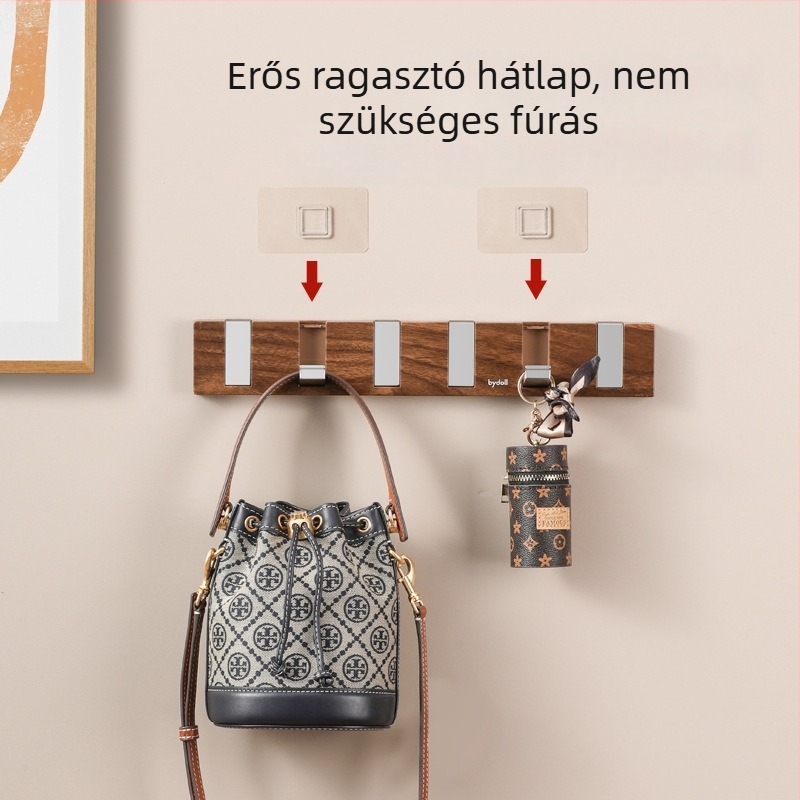 Ragasztós falikampó készlet, négy vagy több kampóval, műanyagból, teherbírás 1–3 kg, diófa textúra és pianó‑rögzítő stílusú dizájn, modern minimalista stílus