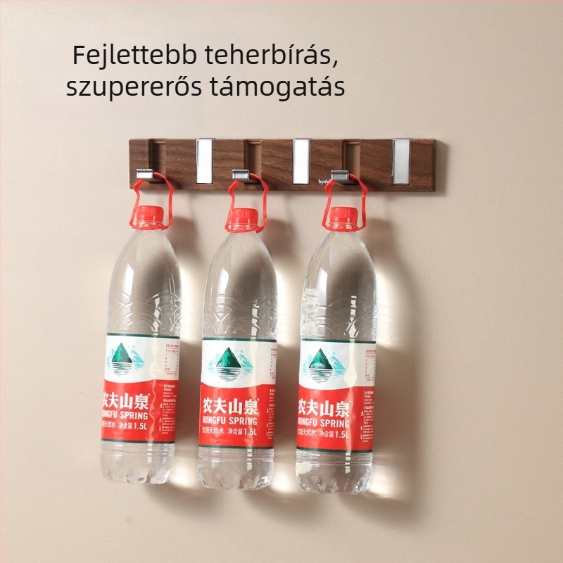 Ragasztós falikampó készlet, négy vagy több kampóval, műanyagból, teherbírás 1–3 kg, diófa textúra és pianó‑rögzítő stílusú dizájn, modern minimalista stílus