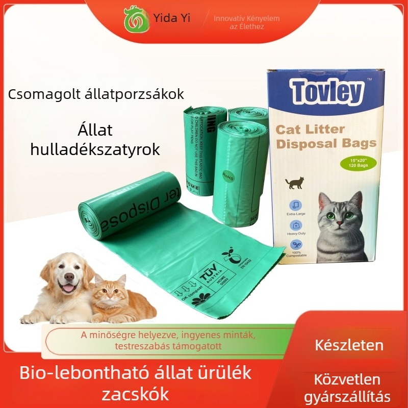 Biológiailag lebomló kisállati ürülék zacskók – tekercsben, macska- és kutyához, sík szájú kialakítás, normál vastagság