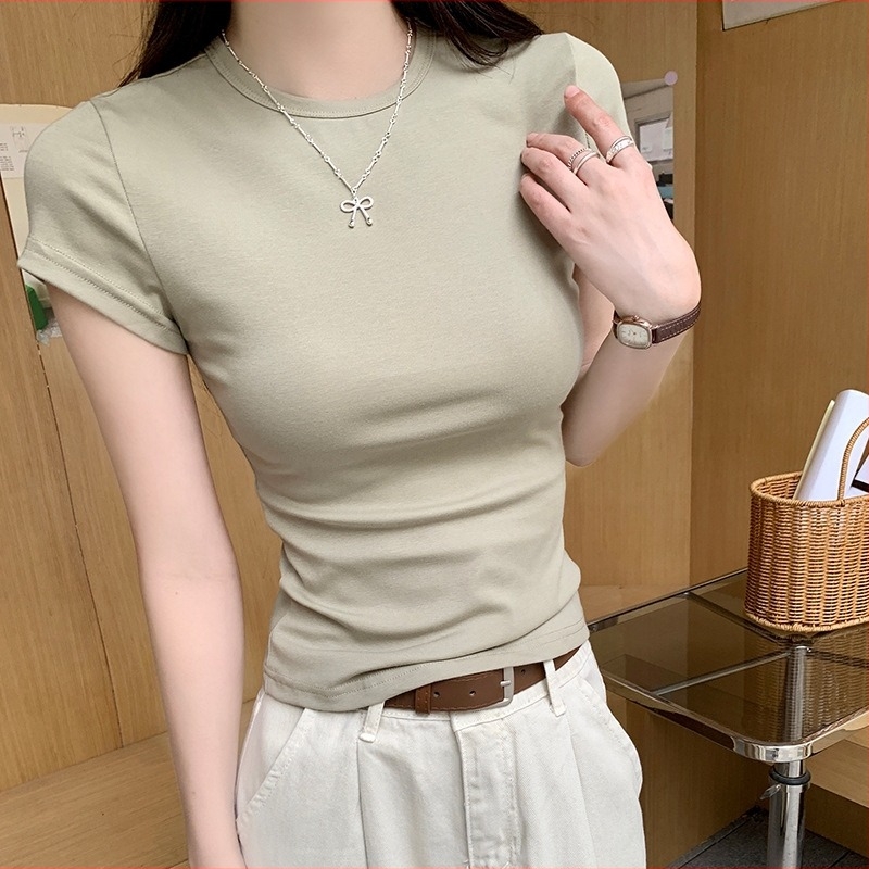 Női pamut rövid ujjú póló, 92% pamut / 8% elastán, egyszínű mintázat, kerek nyak, slim fit