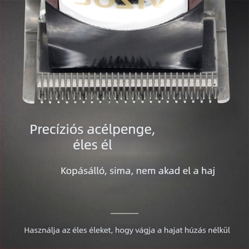 Beépített akkumulátoros hajvágó kettős áramellátással, kefés motor, rozsdamentes acél penge, levehető és mosható pengefej, 1–3 órás üzemidő