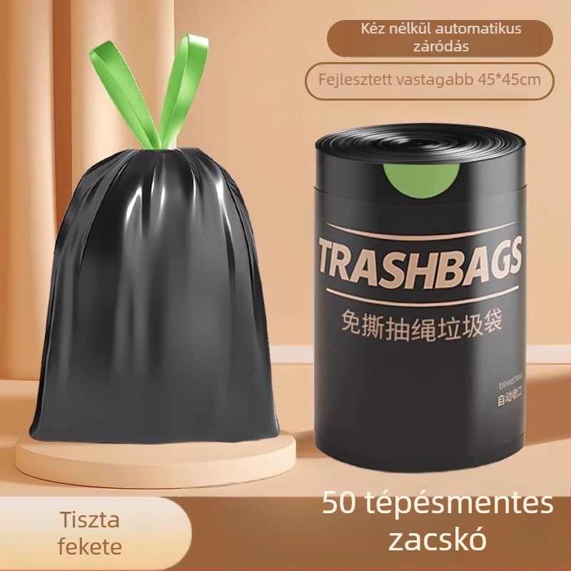 Szemeteszsák, vastagított polietilén, szakadásmentes, automatikus húzózsinóros zárás, háztartási és kollégiumi használatra, újrahasználható