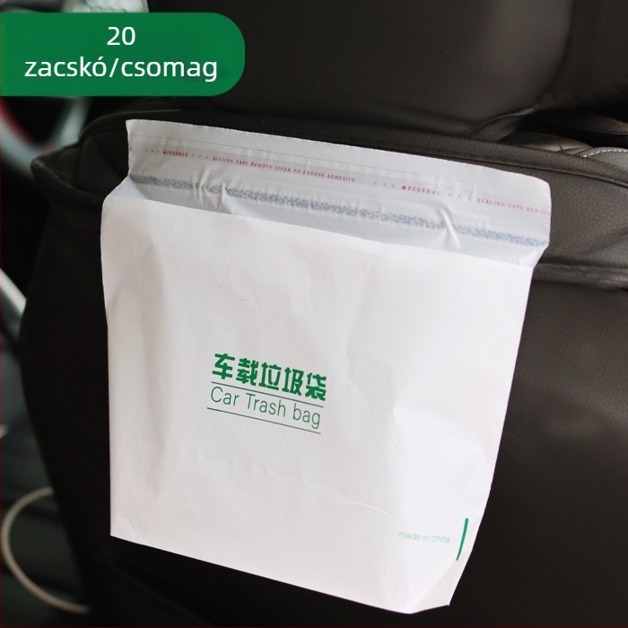 Ragasztós autós szemetes zacskó, PE anyag, egyszer használatos, sík szájú kialakítás, autó belső használatra