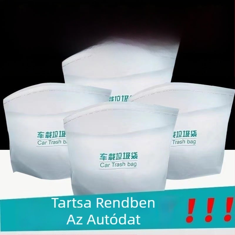 Ragasztós autós szemetes zacskó, PE anyag, egyszer használatos, sík szájú kialakítás, autó belső használatra