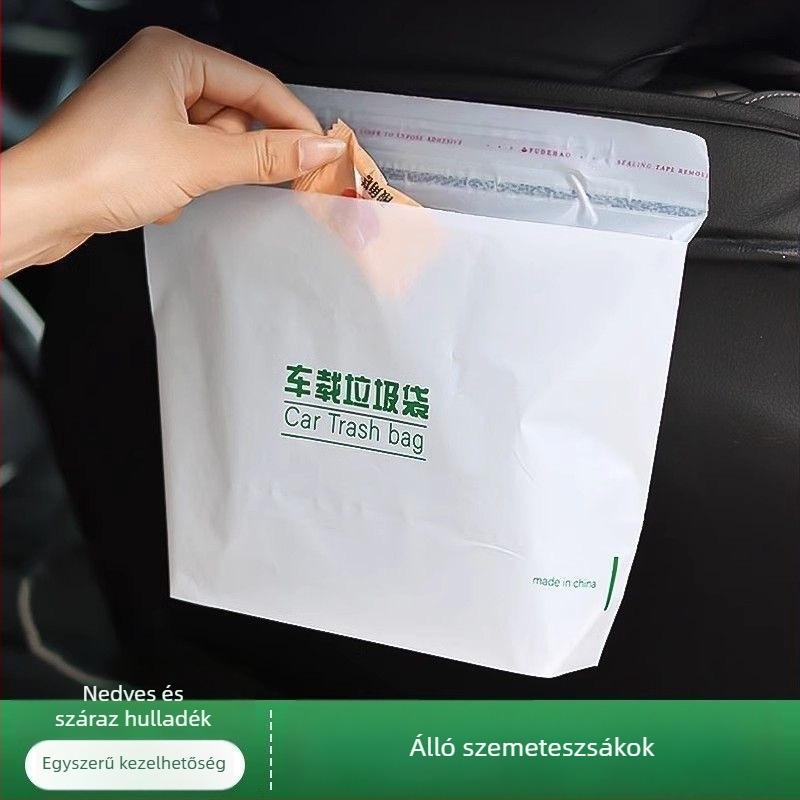 Ragasztós autós szemetes zacskó, PE anyag, egyszer használatos, sík szájú kialakítás, autó belső használatra