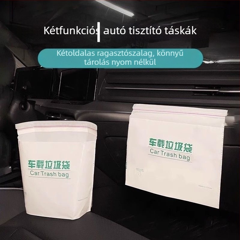 Ragasztós autós szemetes zacskó, PE anyag, egyszer használatos, sík szájú kialakítás, autó belső használatra
