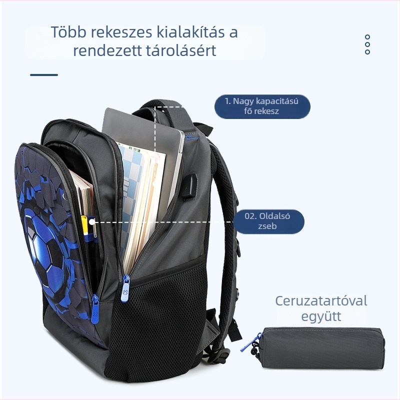 Iskolai hátizsák kemény héjjal, gerincvédő, futball mintás, nagy kapacitású, tartalmaz tolltartót, Oxford anyag