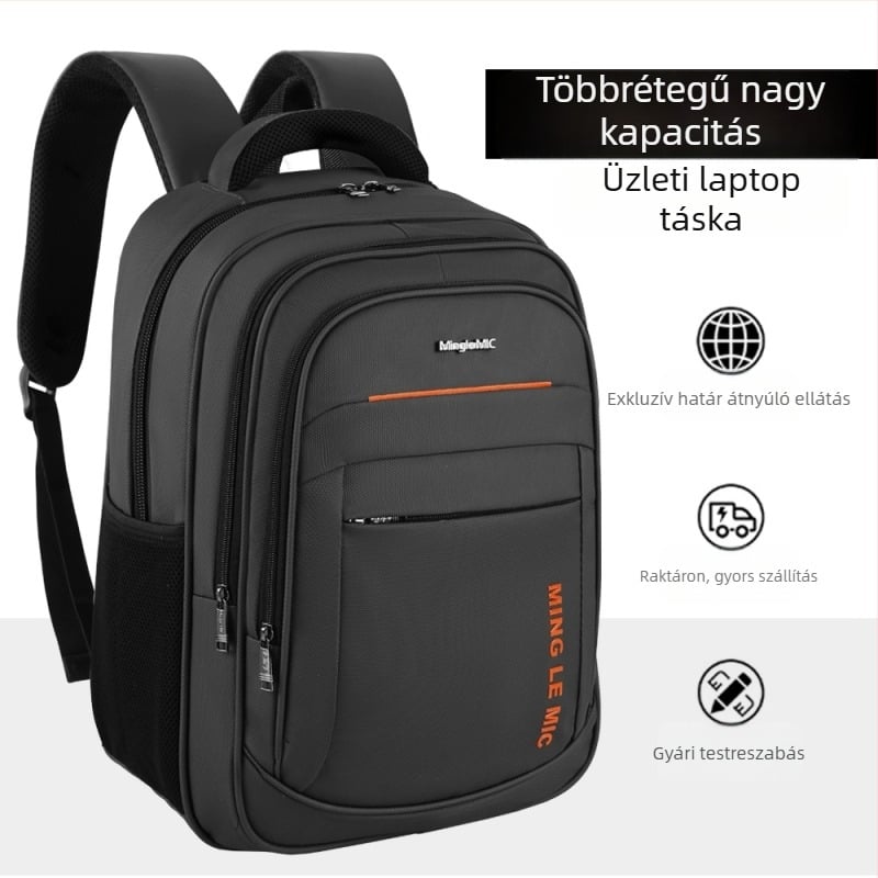 Nagy kapacitású laptop hátizsák vízálló PVC külsővel, 36–55 L, üzleti utazásokhoz, poliészter anyag, léggömbös vállpánt rendszer.