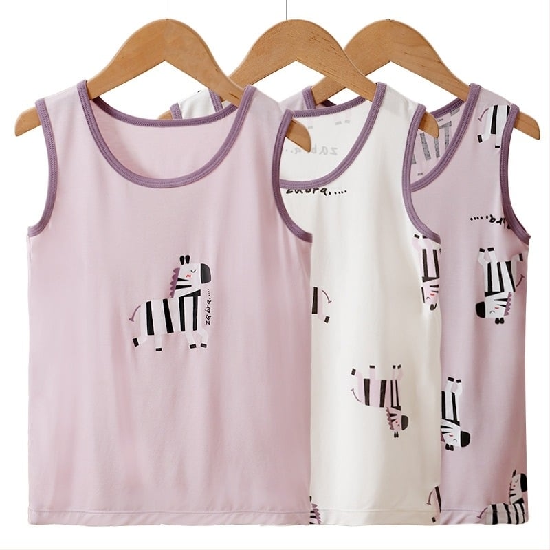 Gyerekeknek szóló ujjatlan pizsama szett (3 darab) — puha viszkóz kötés, Rajzfilm mintás, kerek nyakú; 8 éves vagy idősebbeknek