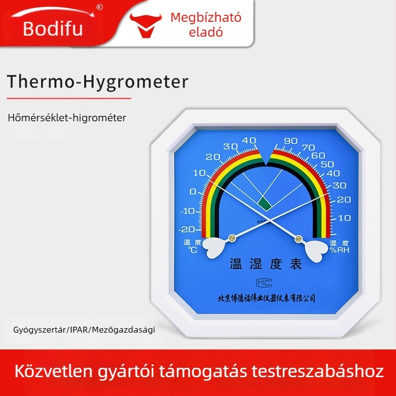 WS2080A Pointer típusú hőmérséklet- és páratartométer, nyolcszögletű tárcsával – Magas pontosságú környezeti mérőeszköz otthon, iroda, laboratórium, gyógyszertár és üvegház számára