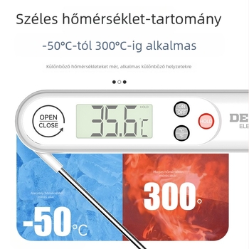Delixi vízálló összecsukható élelmiszerhőmérő, -50°C-tól 300°C-ig, 0,1°C felbontás, 304 rozsdamentes acél szenzor