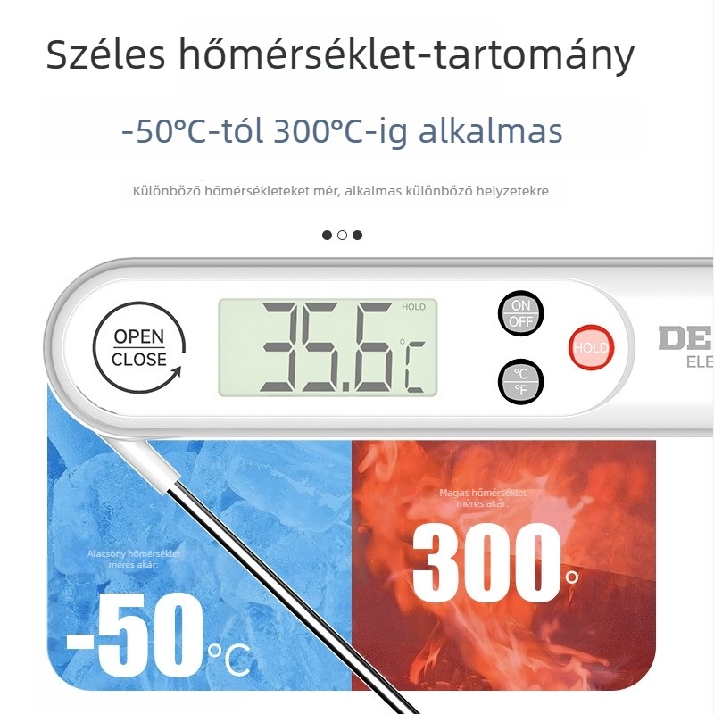 Delixi vízálló összecsukható élelmiszerhőmérő, -50°C-tól 300°C-ig, 0,1°C felbontás, 304 rozsdamentes acél szenzor