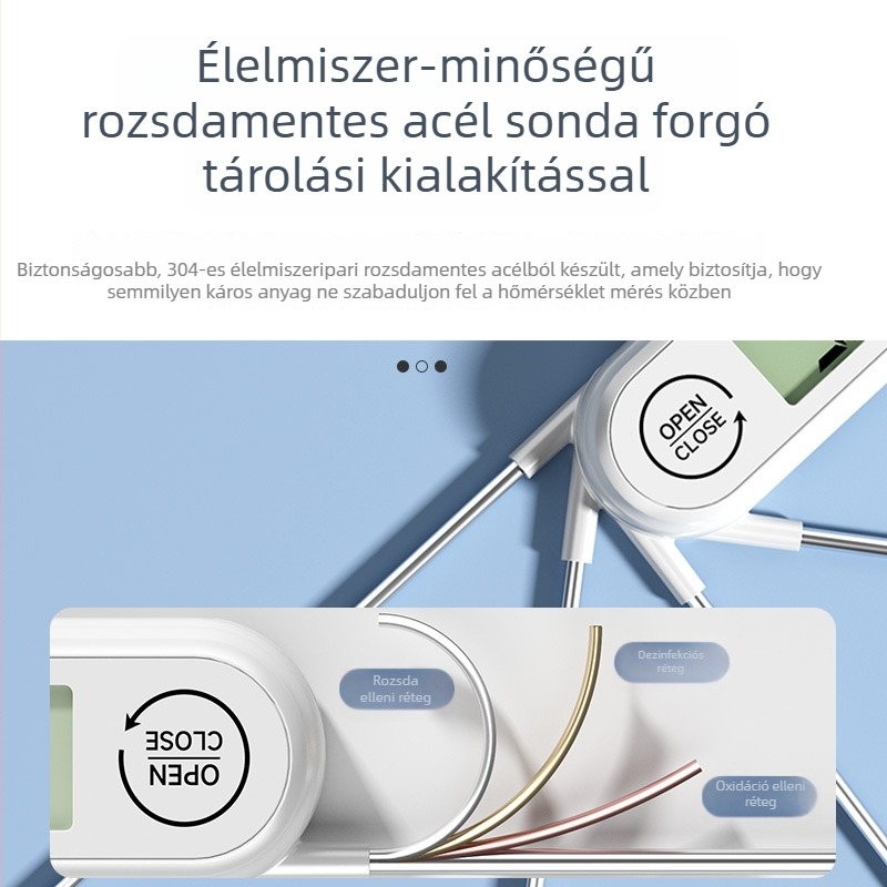 Delixi vízálló összecsukható élelmiszerhőmérő, -50°C-tól 300°C-ig, 0,1°C felbontás, 304 rozsdamentes acél szenzor