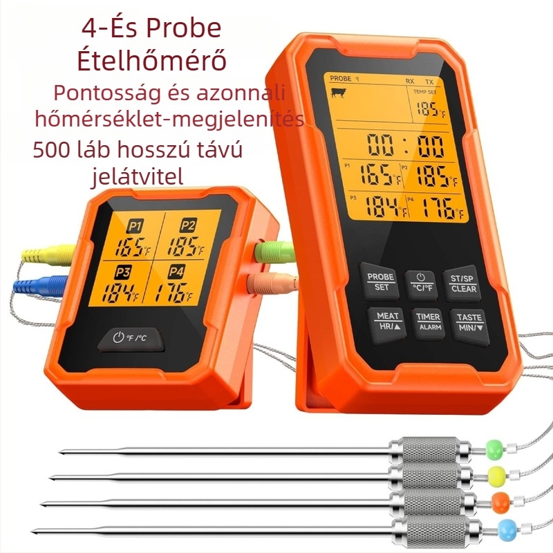 Élelmiszerhőmérő 4 szenzorral, intelligens Bluetooth, vízálló, rozsdamentes acél, grillhez