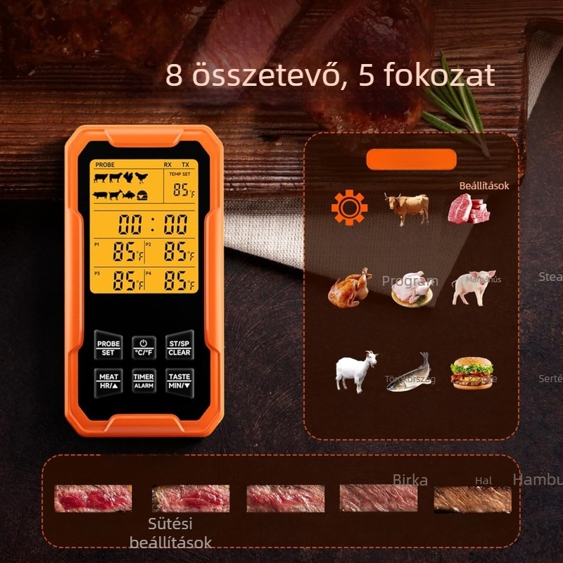 Élelmiszerhőmérő 4 szenzorral, intelligens Bluetooth, vízálló, rozsdamentes acél, grillhez