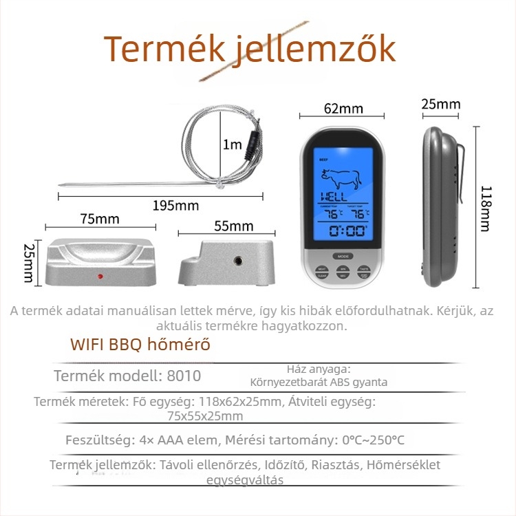 Vezeték nélküli grill-thermométer okos digitális kijelzővel – konyhai és élelmiszerhőmérő, 1°C felbontás, eredet: Fuzhou, testreszabható, 50 db/doboz