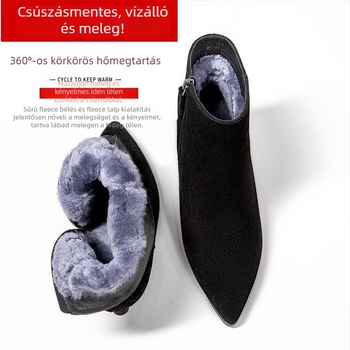 Női matt bőrből készült bokacsizmák, hegyes orrú, középmagas sarok 3–5 cm, fleece belsővel és kasmírtalppal