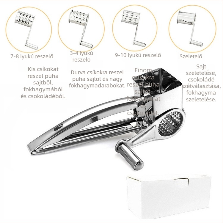 Kézi forgó sajtréselő 430-es rozsdamentes acélból, modern minimalist design, sajt és csokoládé morzsák reszelésére.