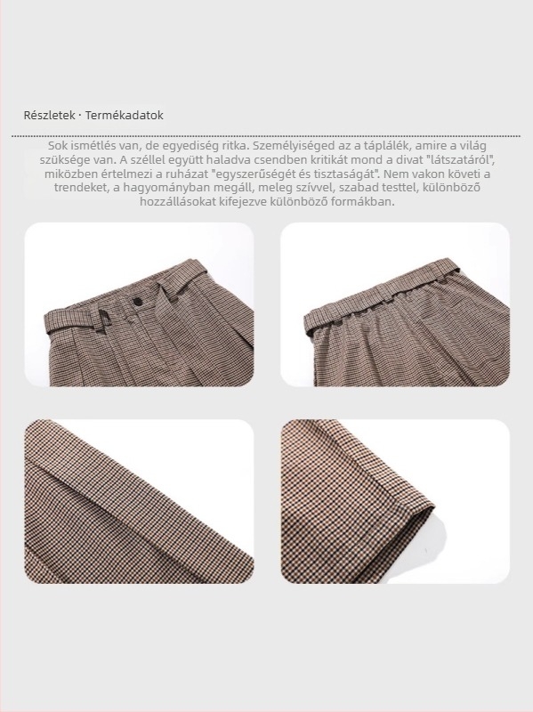 Férfiaknak szóló amerikai retro houndstooth nadrág, középső derék, övvel, zipzárral, plisírozással, poliészter 98% / spandex 2%