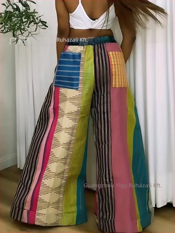 Női egyenes szabású hosszú nadrág, magas derék, csíkos minta, poliészter-spandex keverék, közepes vastagság, utcai stílus